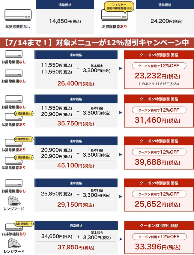 三菱電機のハウスクリーニングの料金体系