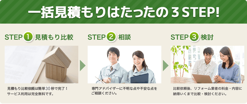 一括見積もりはたったの３ステップ！ステップ１：見積もり比較。見積もり比較依頼は簡単30秒で完了！サービス利用は完全無料です。ステップ２：相談。専門アドバイザーに不明な点や不安な点をご相談ください。ステップ３：検討。比較依頼後、リフォーム業者の料金・内容に納得いくまで比較・検討ください。