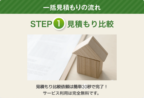一括見積もりの流れ。ステップ１：見積もり比較。見積もり比較依頼は簡単30秒で完了！サービス利用は完全無料です。